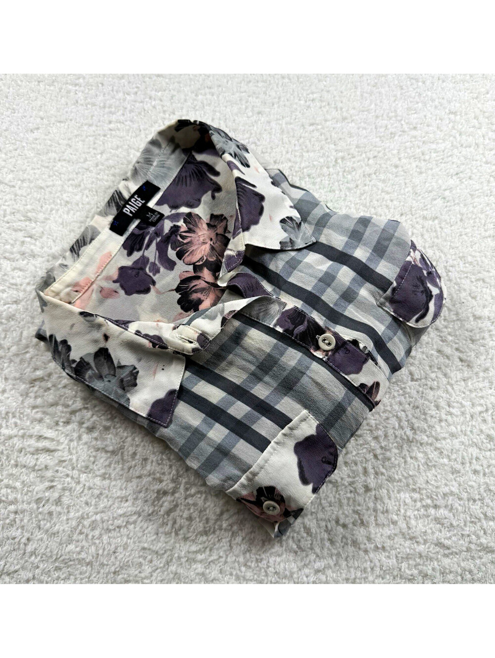 PAIGE Women’s M Gray Plaid Floral Mixed Print Button Front Shirt